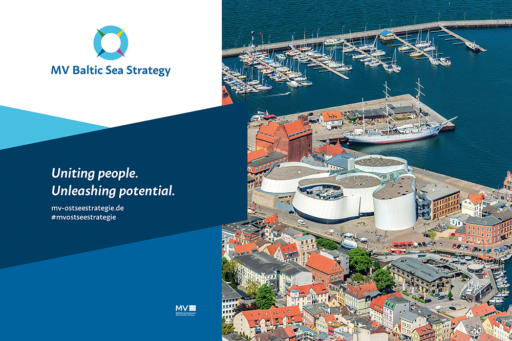 Key visual about connecting people and unlocking potential with four pictures illustrating Mecklenburg-Vorpommern's Baltic Sea Strategy